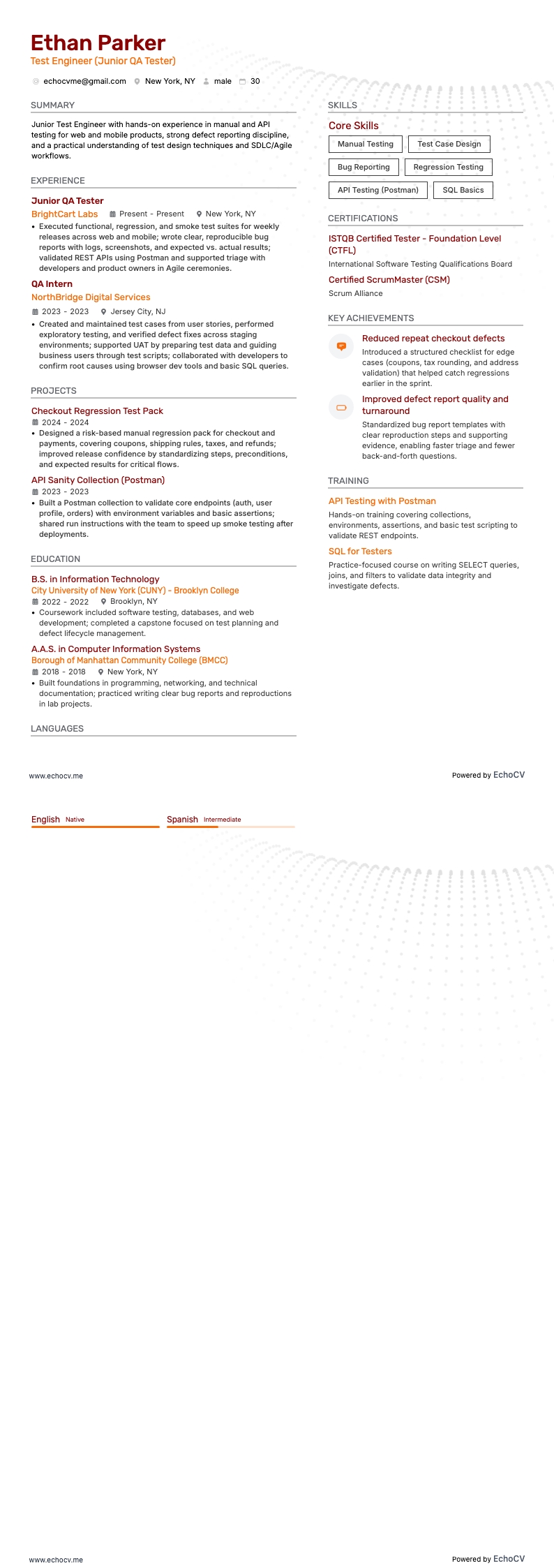 Test Engineer example resume