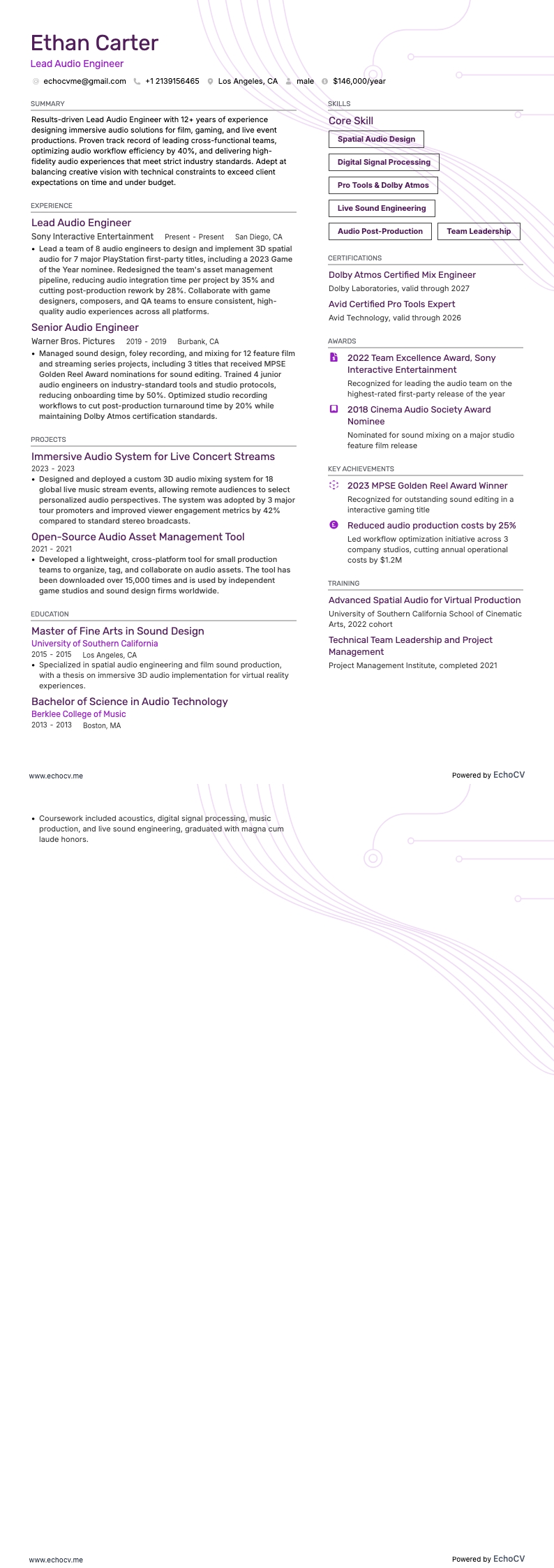 Lead audio engineer example resume