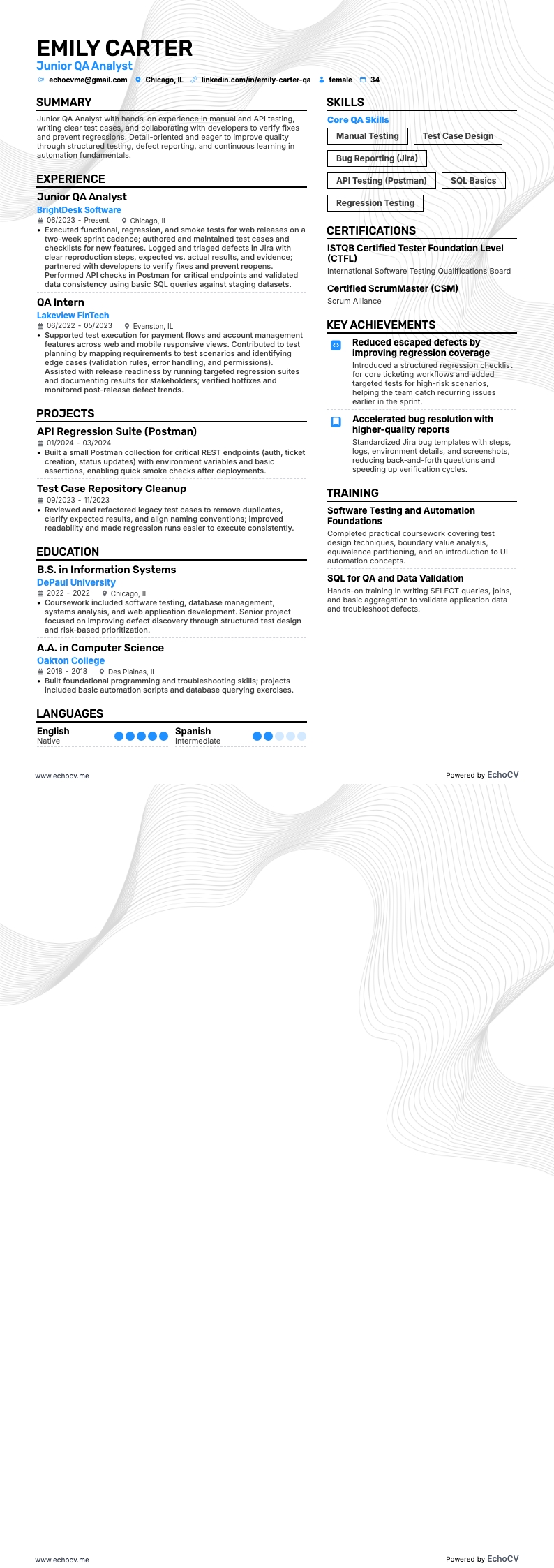 Junior QA Analyst example resume