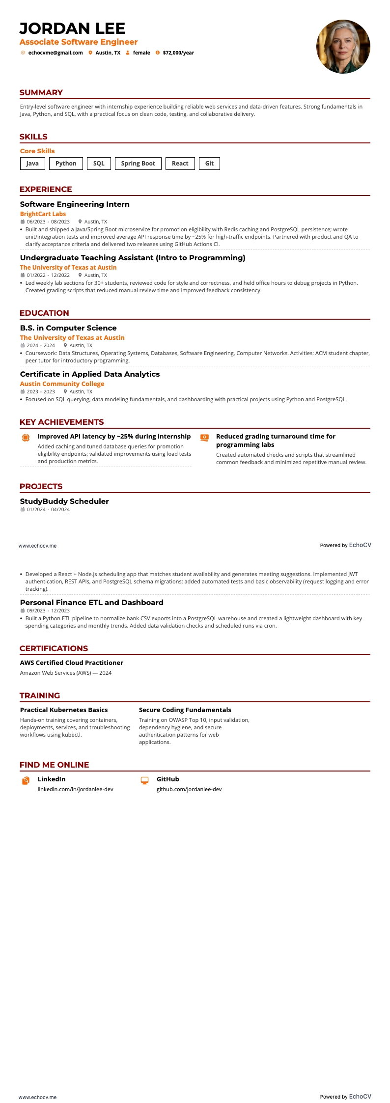 Ingeniero/a de software asociado/a example resume