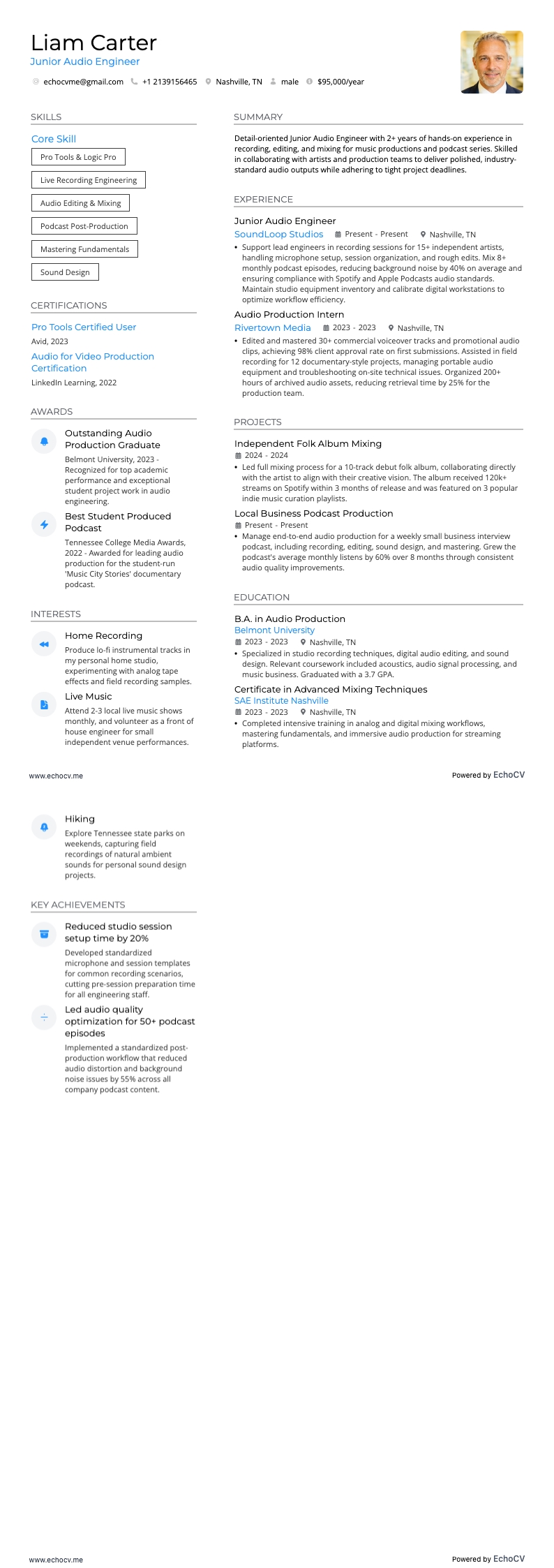 Junior audio-ingenieur example resume