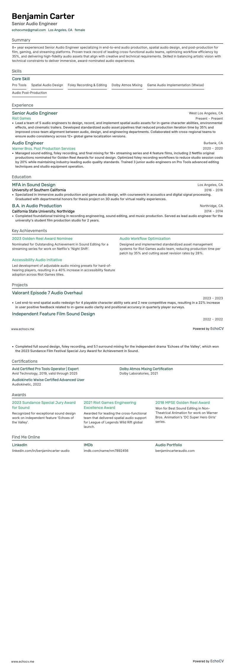 Senior audio-ingenieur example resume