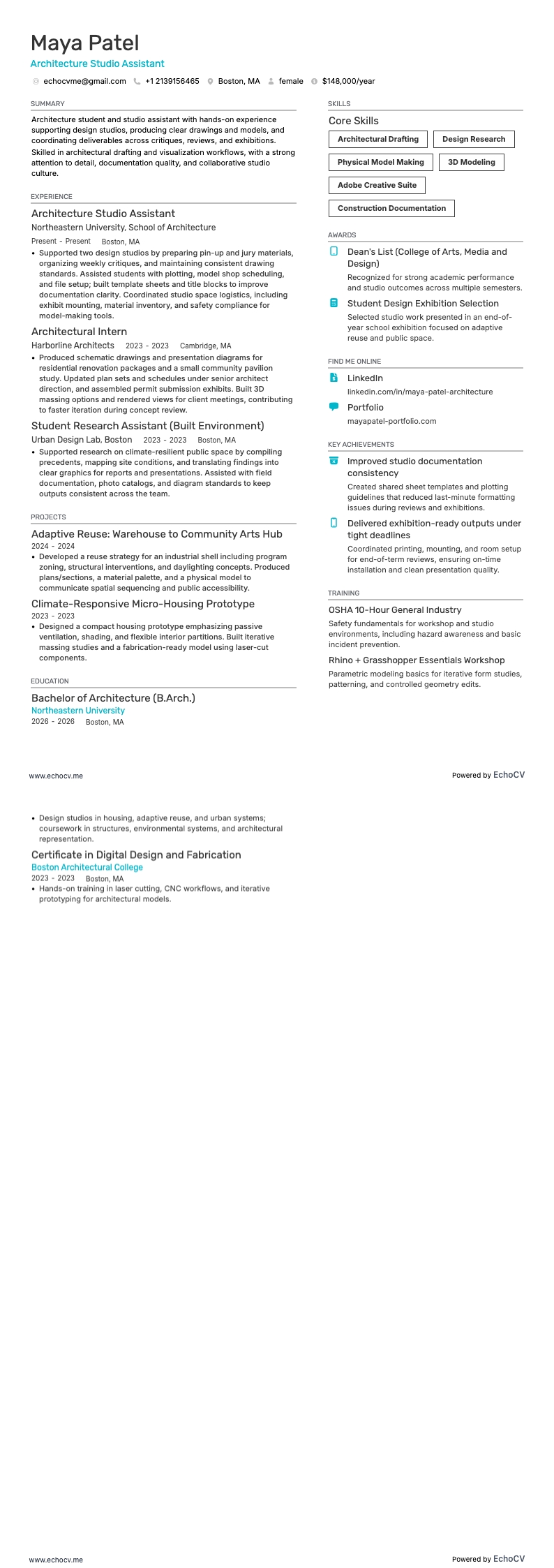 Architecture Student resume example