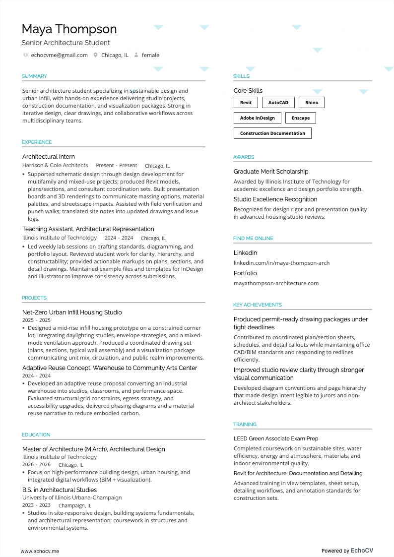 Student architectuur resume example