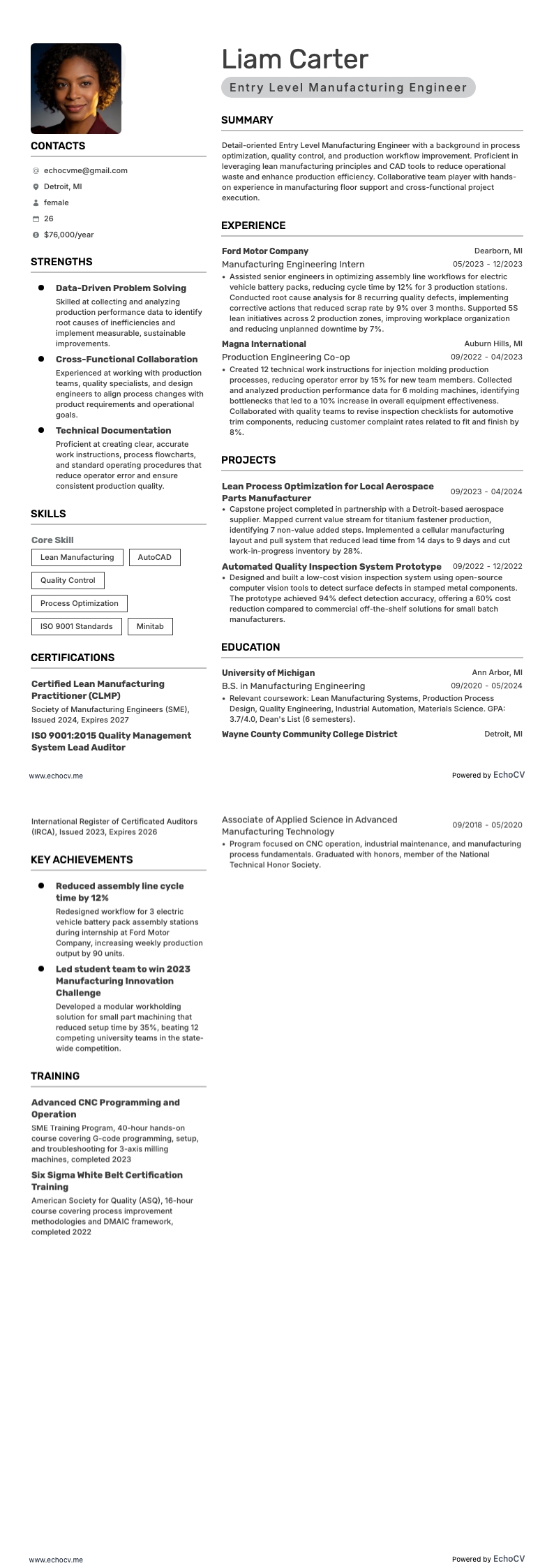 Entry Level Manufacturing Engineer example resume
