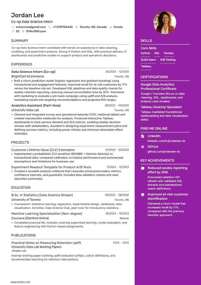 Data Science Intern resume example