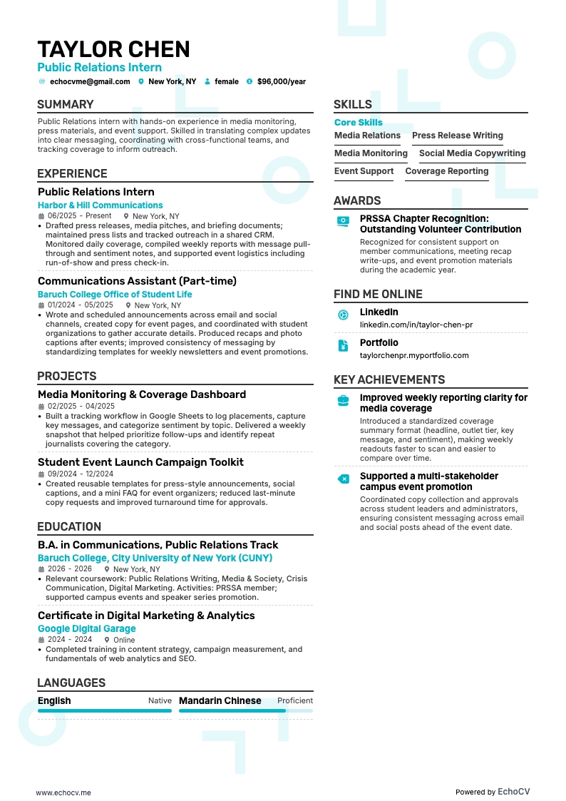 Public Relations Intern example resume