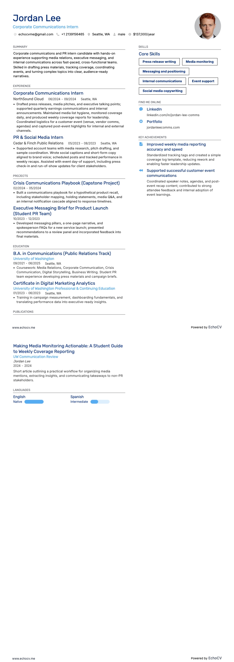 Corporate Communications Intern example resume