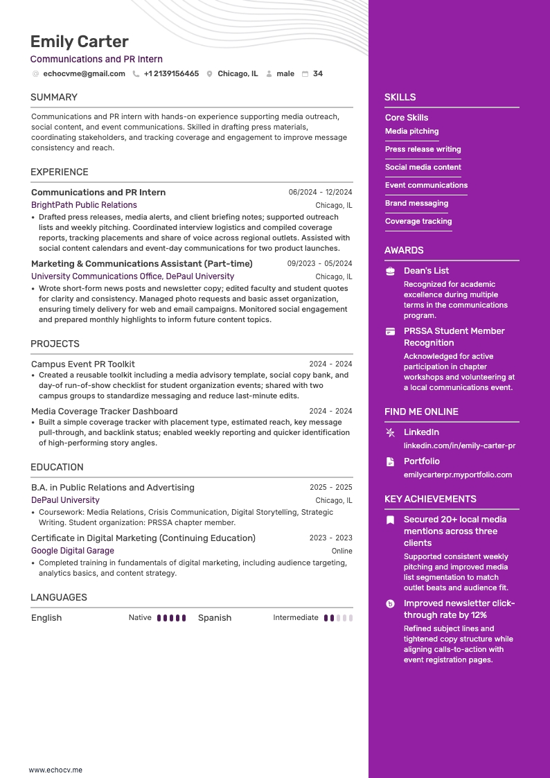 Estagiário de RP resume example