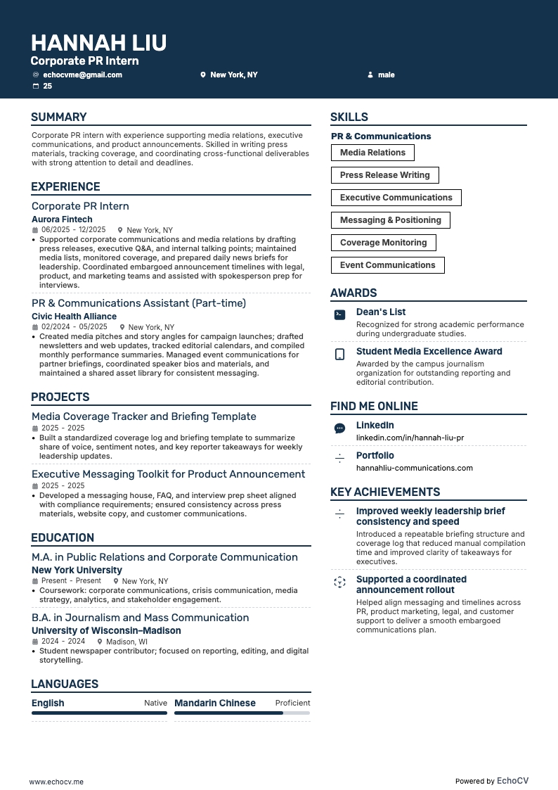 Corporate PR Intern example resume