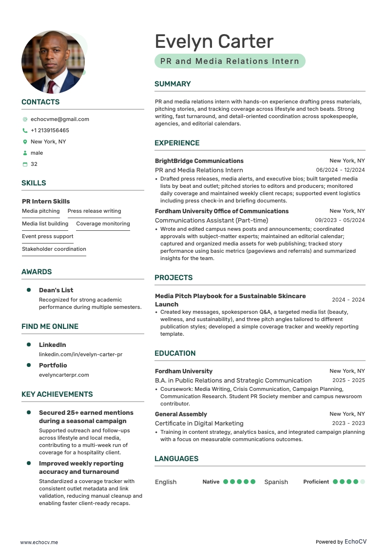 PR Intern resume example