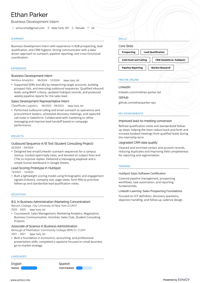 Praktikant inom försäljning resume example
