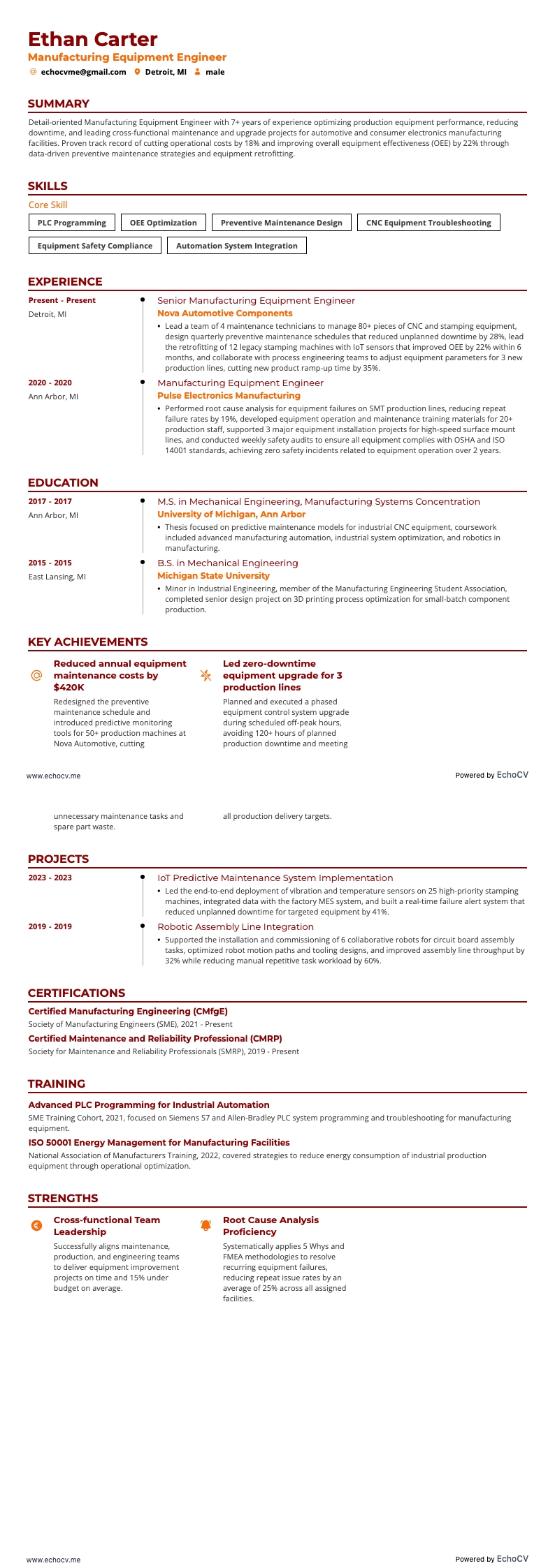 Manufacturing Equipment Engineer example resume
