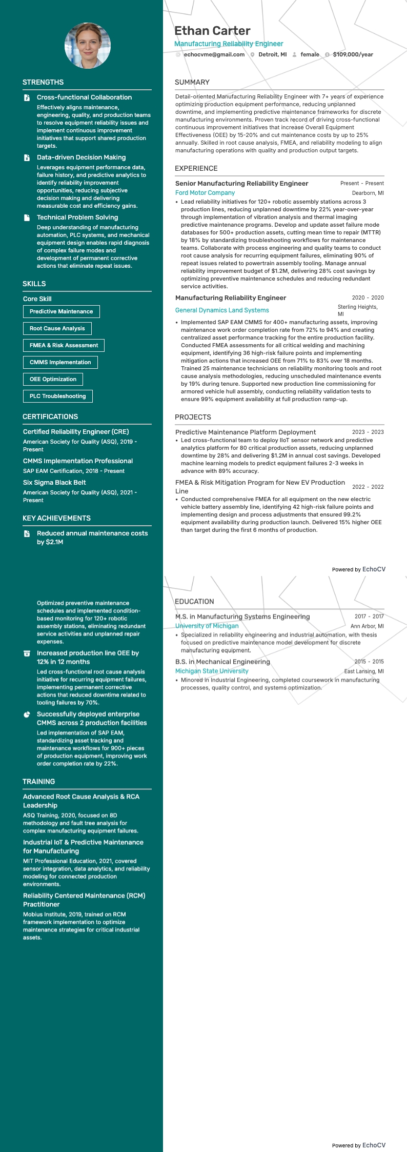 Manufacturing Reliability Engineer example resume