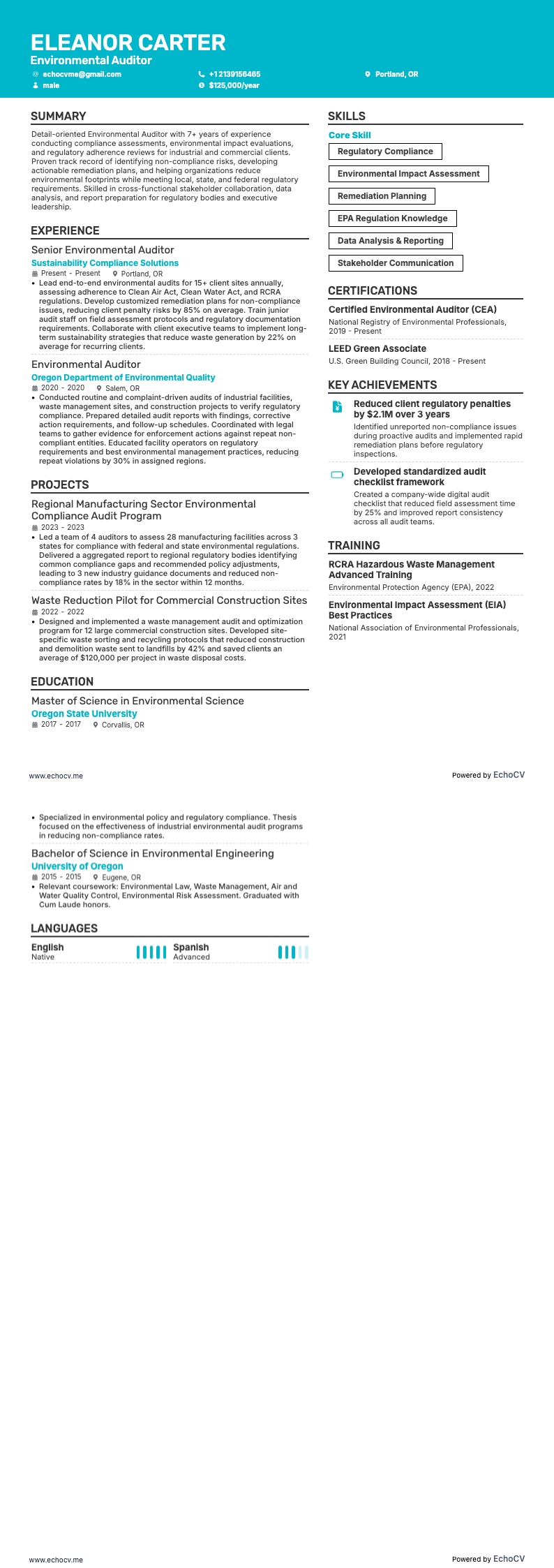 Auditeur environnemental resume example