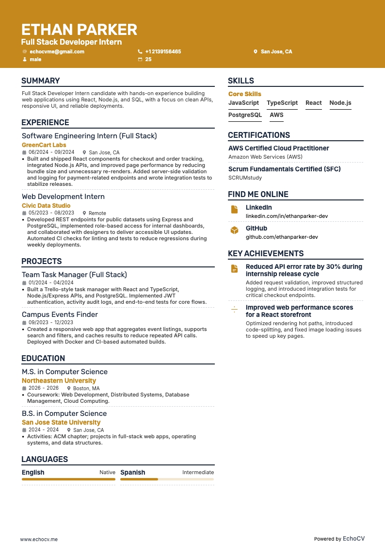全栈开发实习生 example resume
