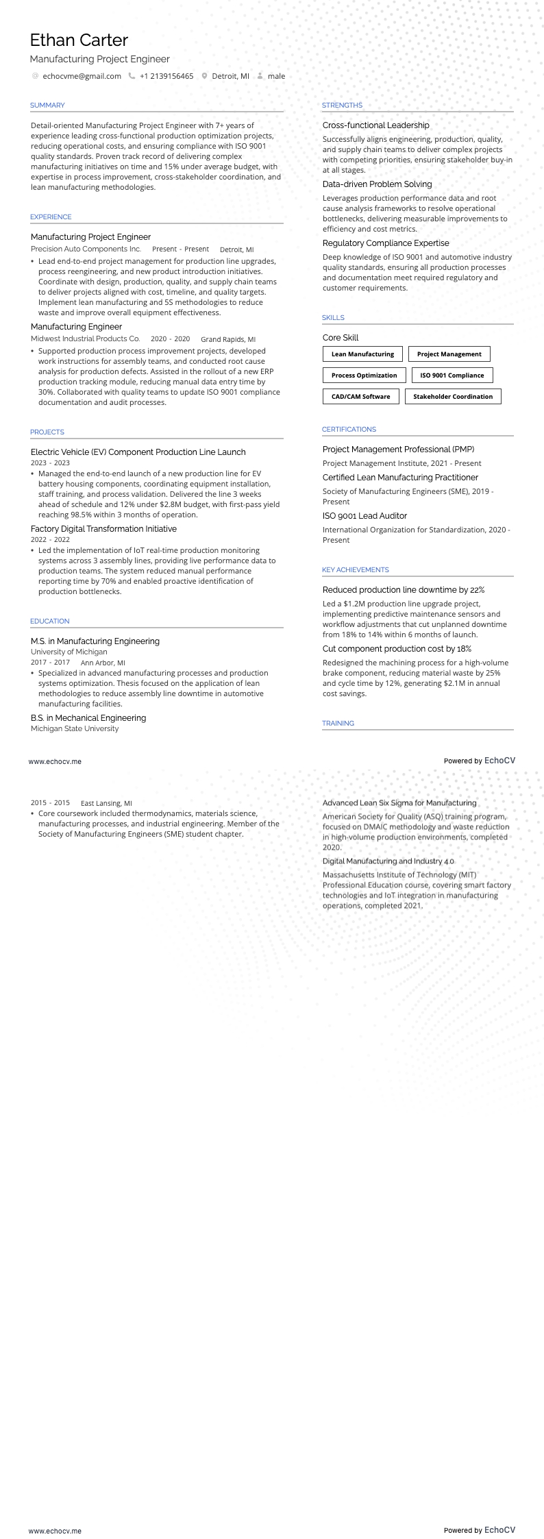 Manufacturing Project Engineer example resume