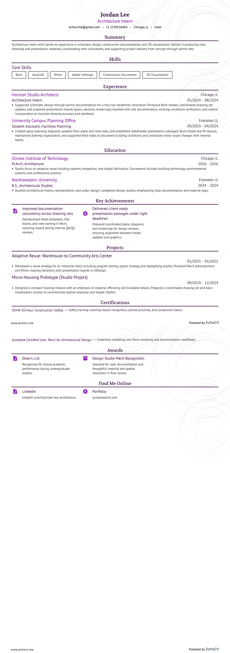 建築インターン resume example