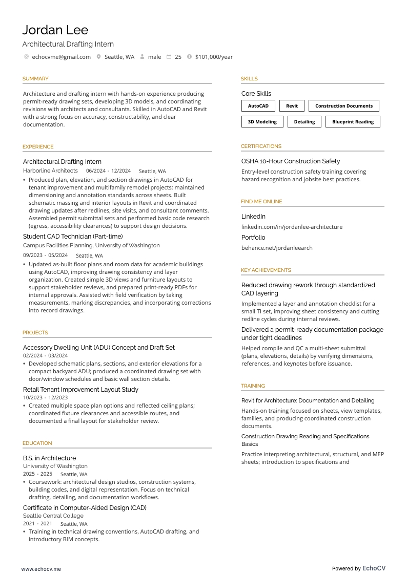 建築製図インターン example resume