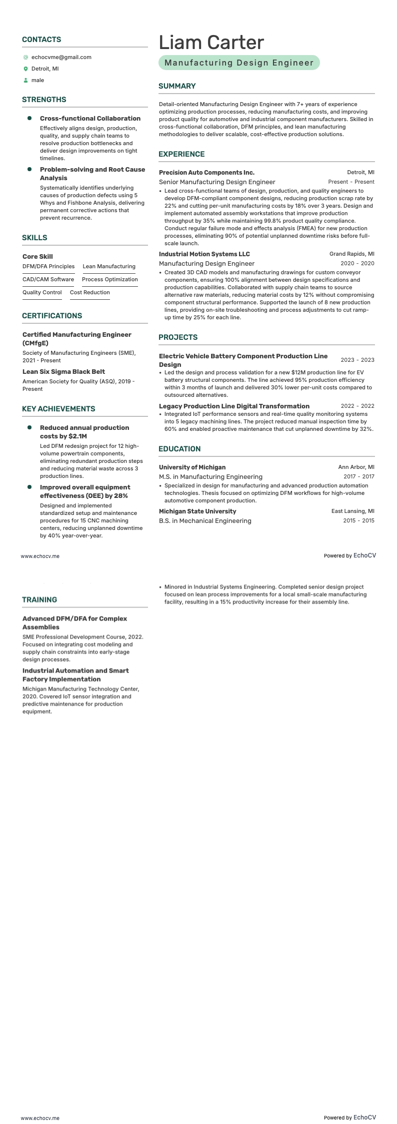 Manufacturing Design Engineer example resume