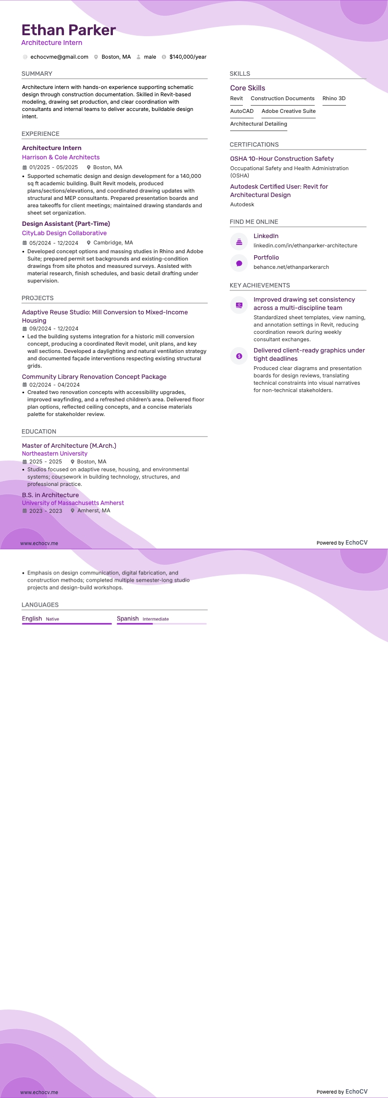 건축 인턴 resume example