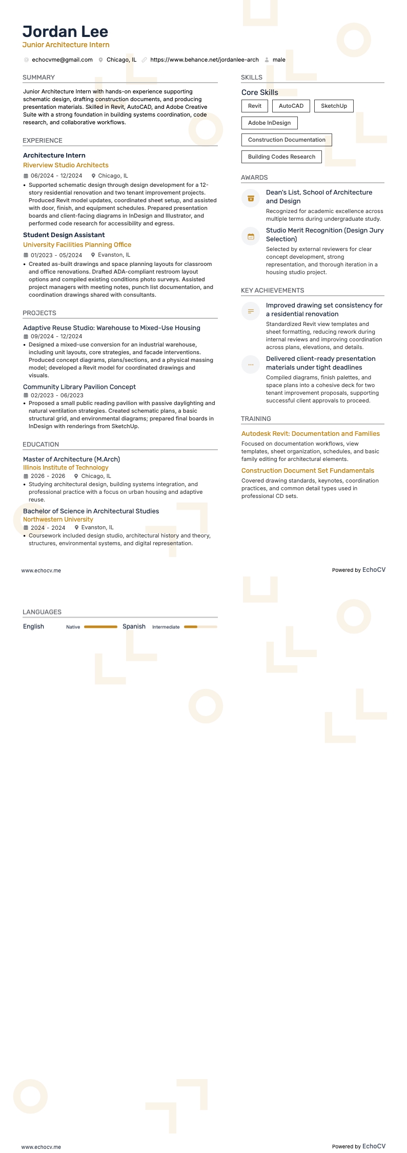 Thực tập sinh kiến trúc resume example