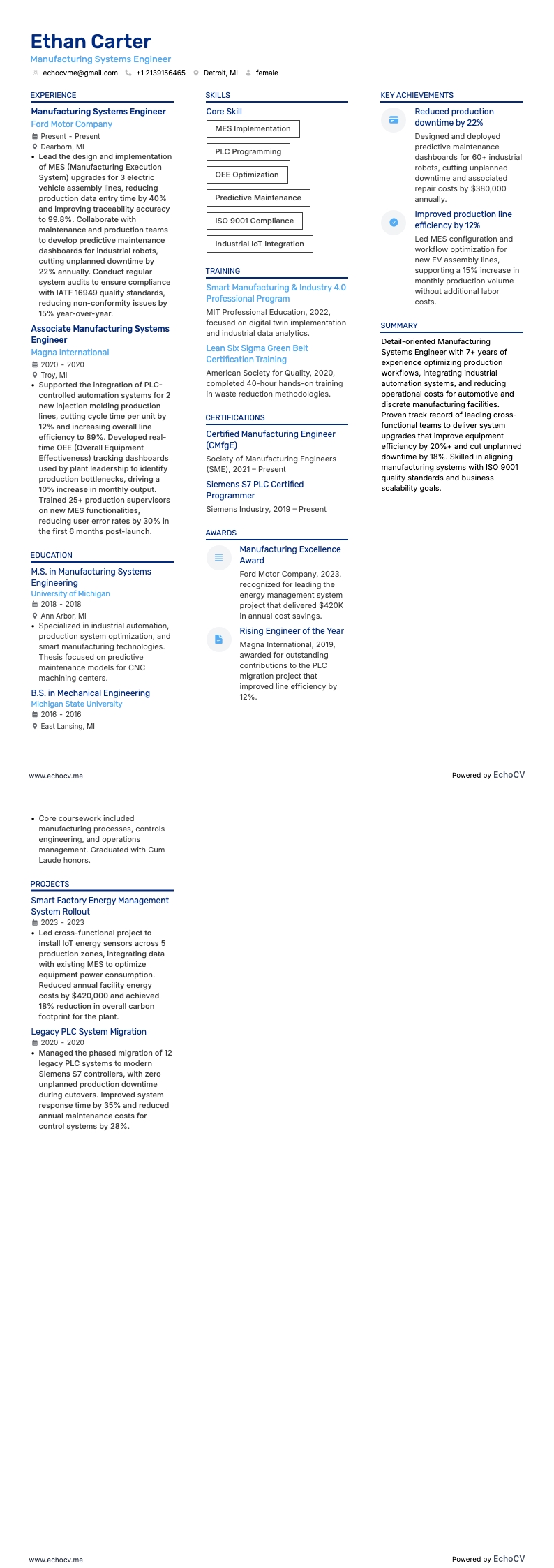 Manufacturing Systems Engineer example resume