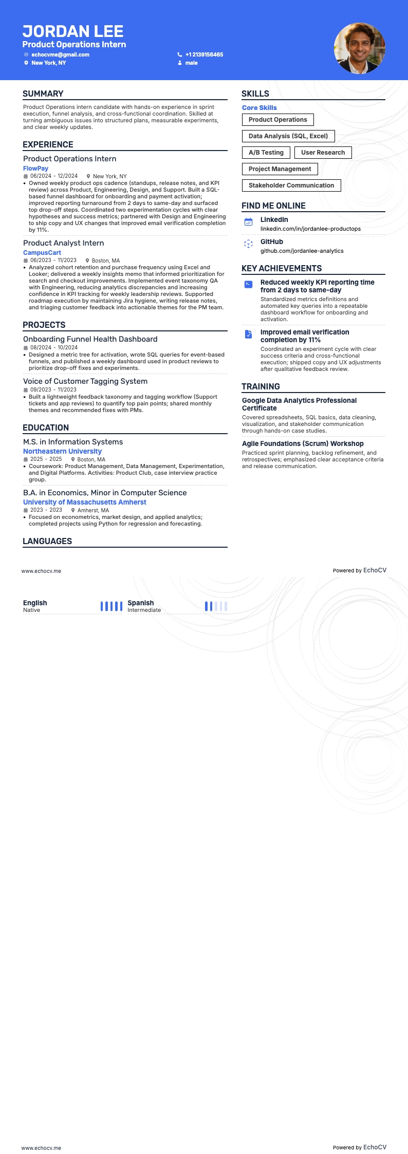 Productmanagementstagiair resume example