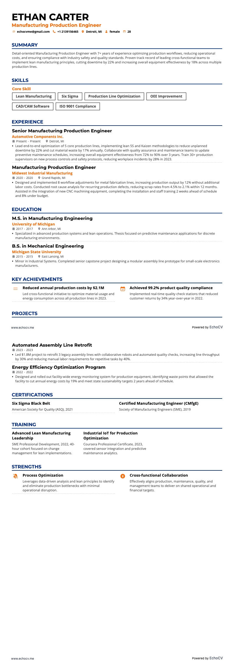 Manufacturing Production Engineer example resume