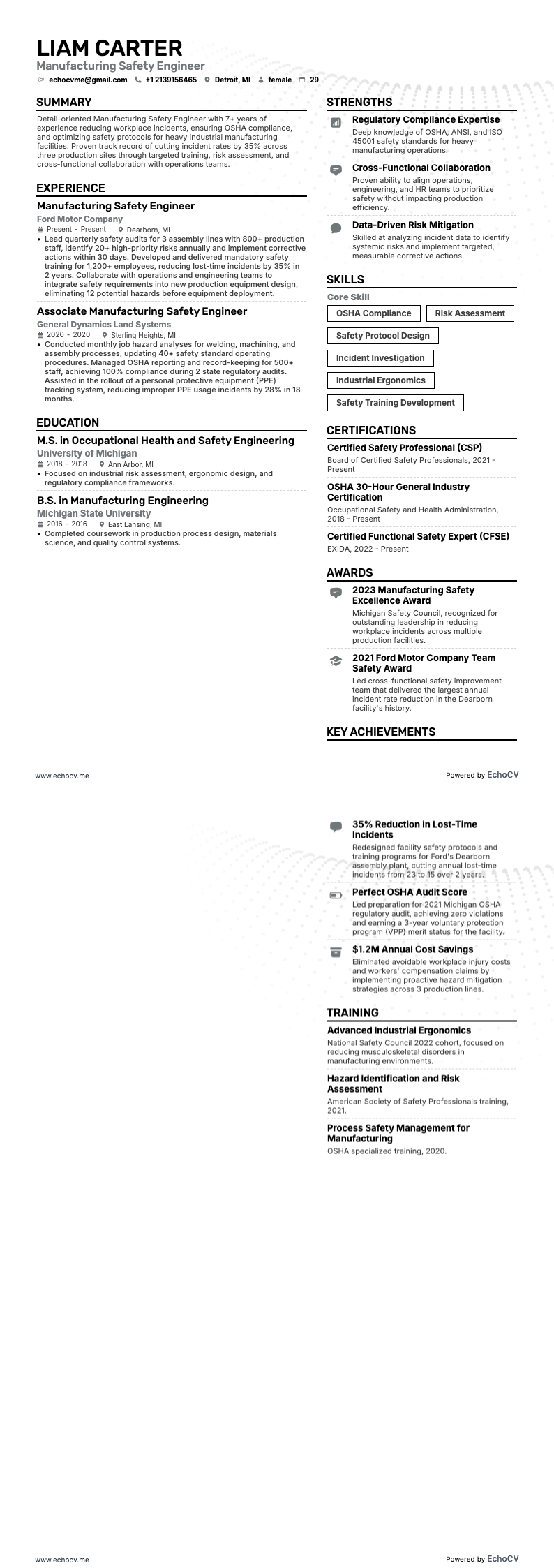 Manufacturing Safety Engineer example resume