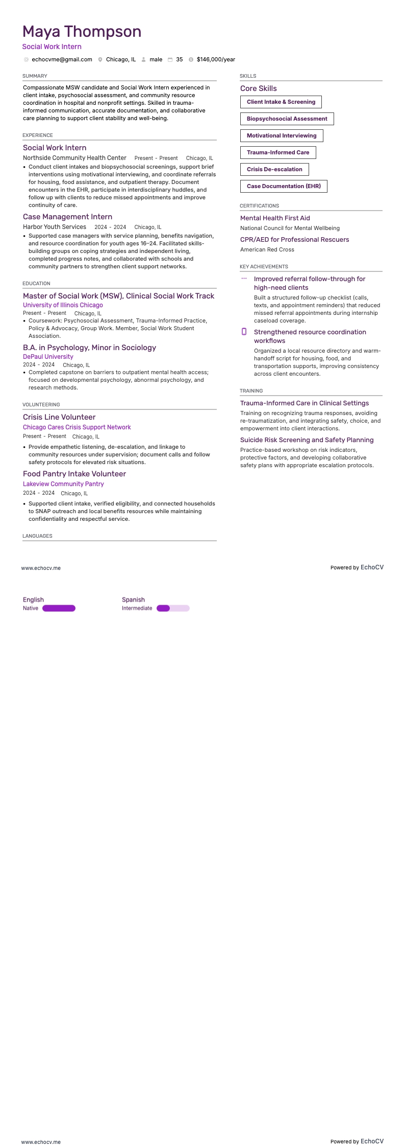 ソーシャルワーク実習生 example resume