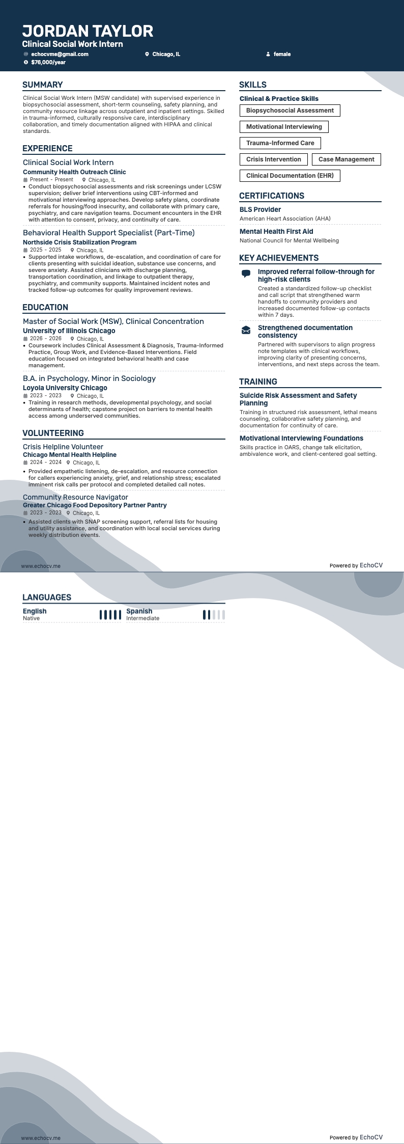 臨床ソーシャルワークインターン example resume