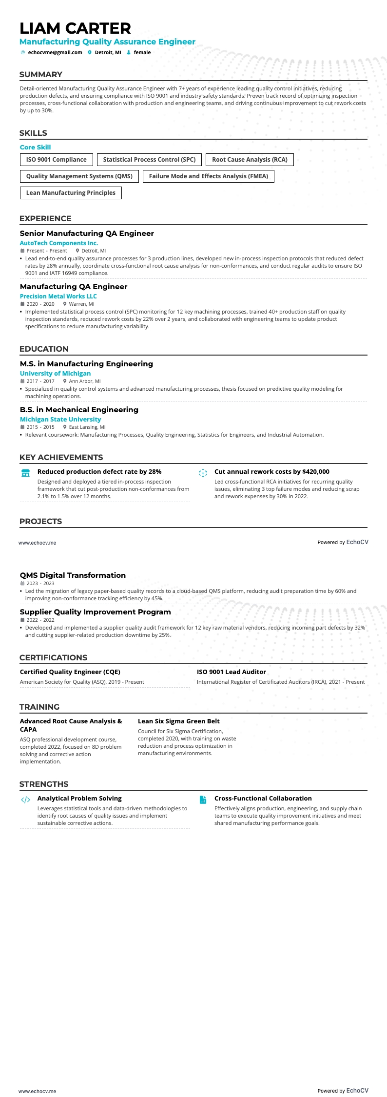 Manufacturing Quality Assurance Engineer example resume