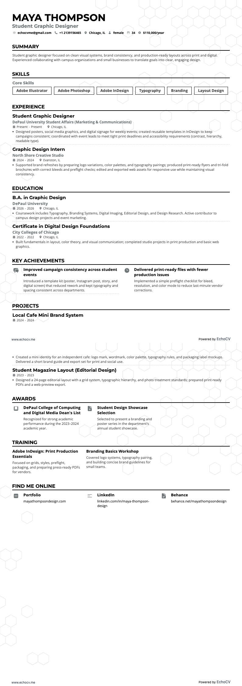 Student Graphic Designer example resume