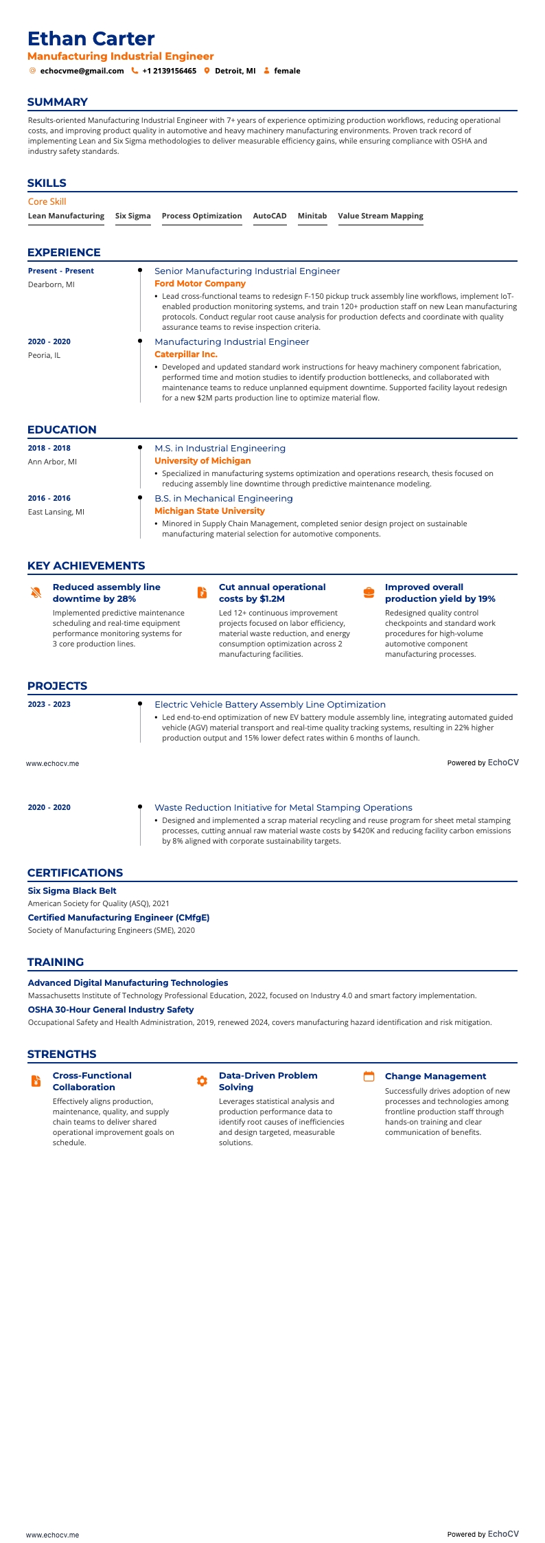 Manufacturing Industrial Engineer example resume
