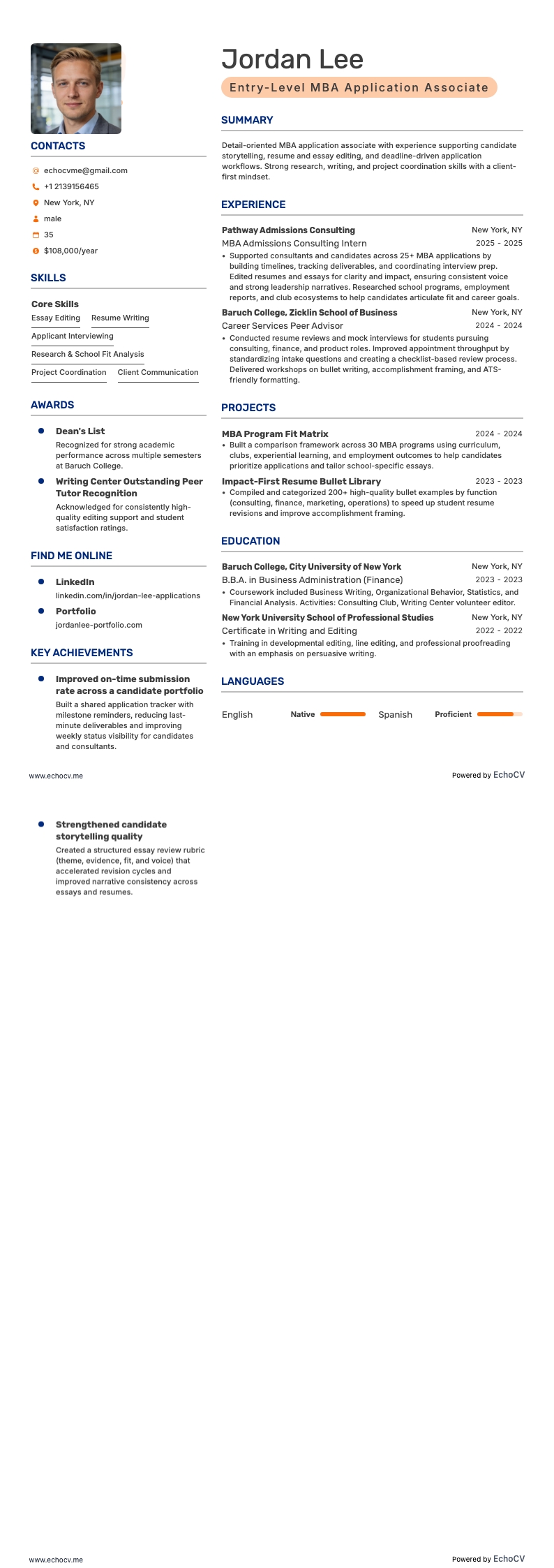 Junior handläggare för MBA-ansökningar example resume