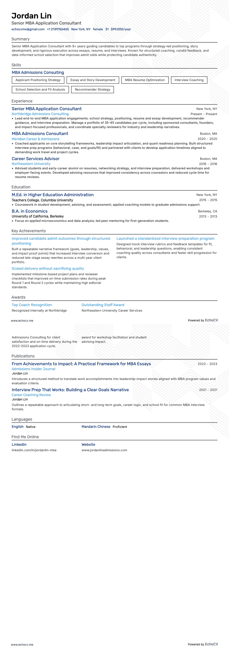 Senior konsult för MBA-ansökningar example resume