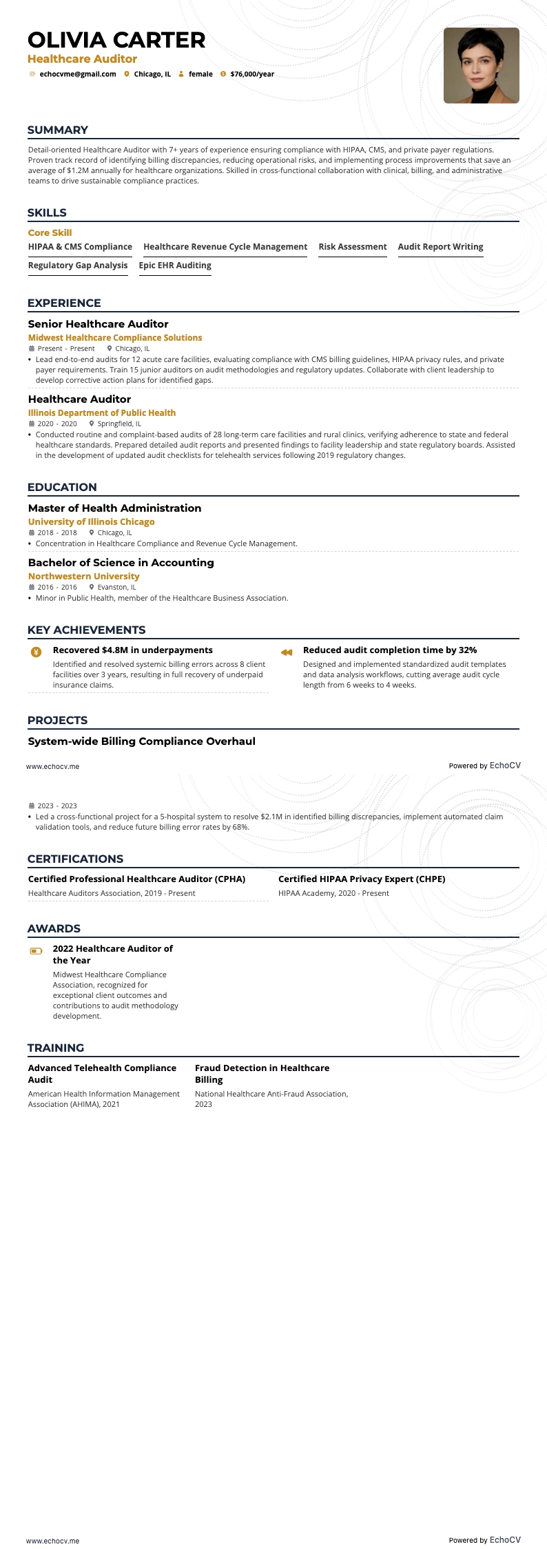 Auditeur en santé example resume