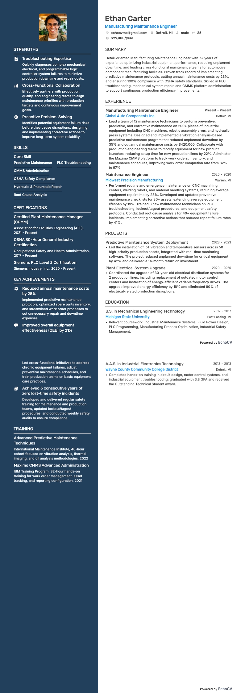 Manufacturing Maintenance Engineer example resume
