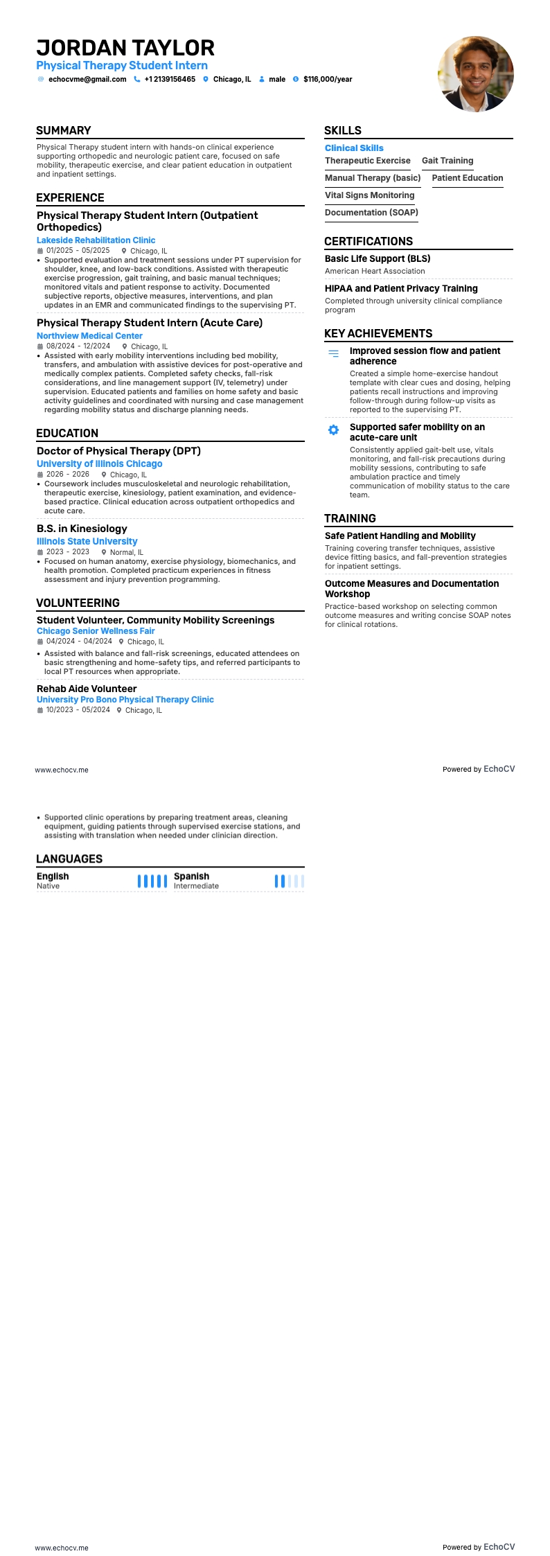 Physical Therapy Student Intern example resume