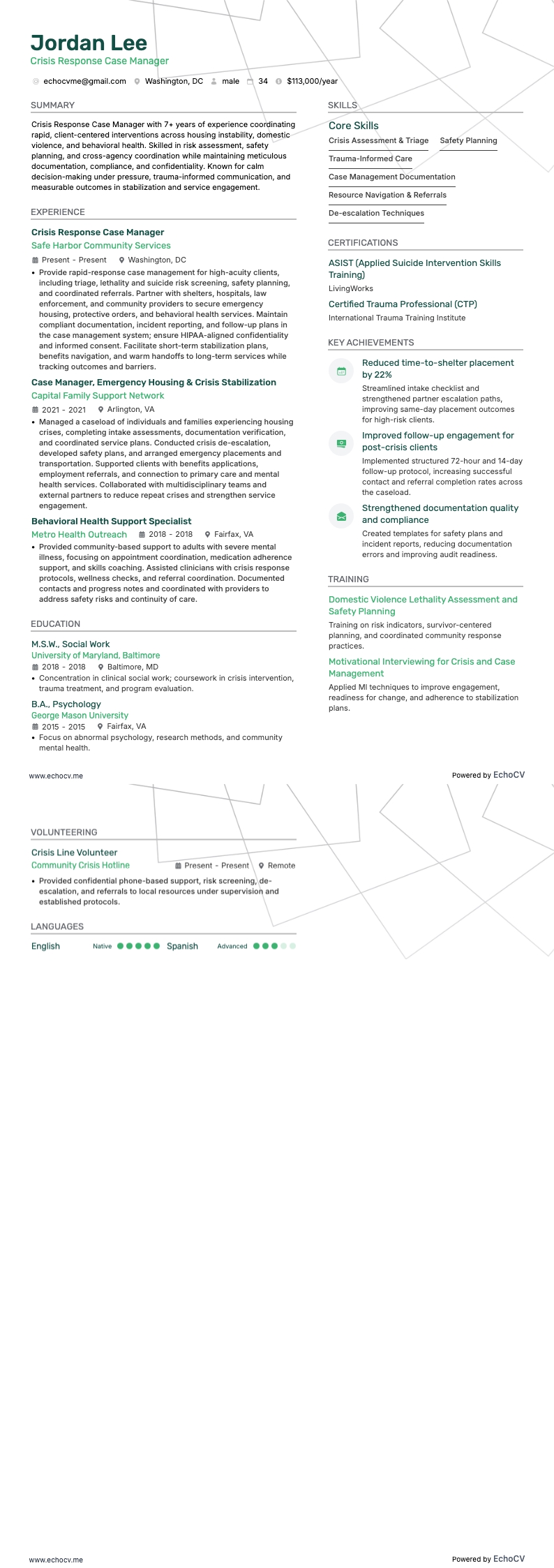 Crisis Response Case Manager example resume