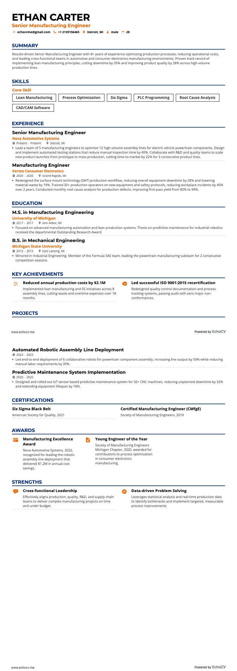 Senior Manufacturing Engineer example resume