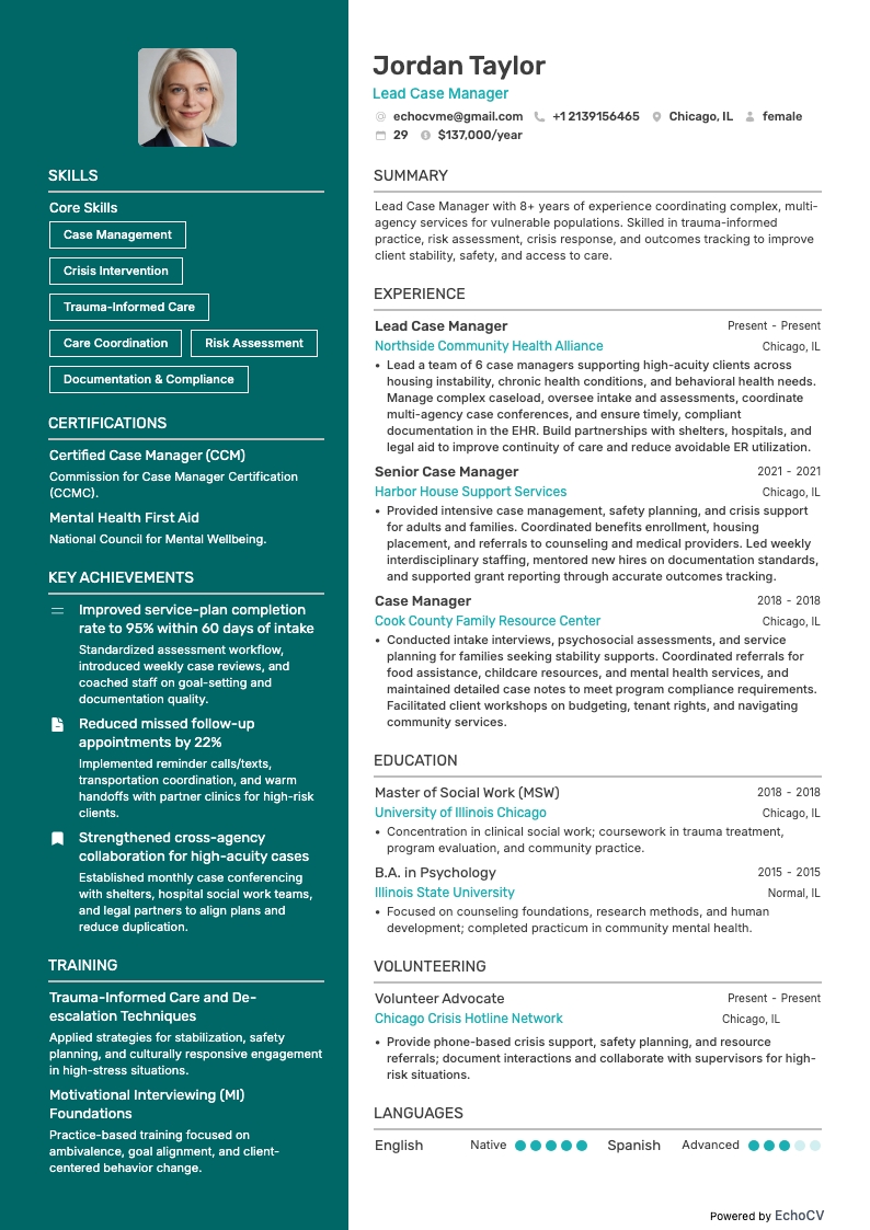 Case Manager resume example