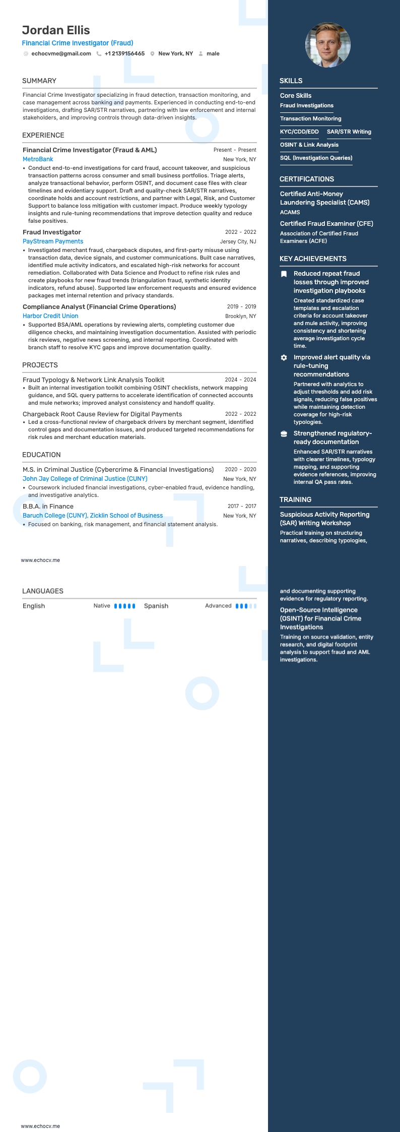 Enquêteur en fraude resume example