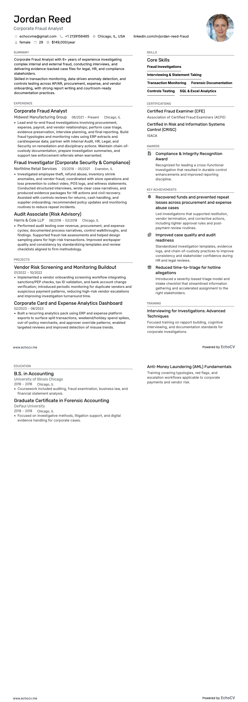 不正調査員 resume example