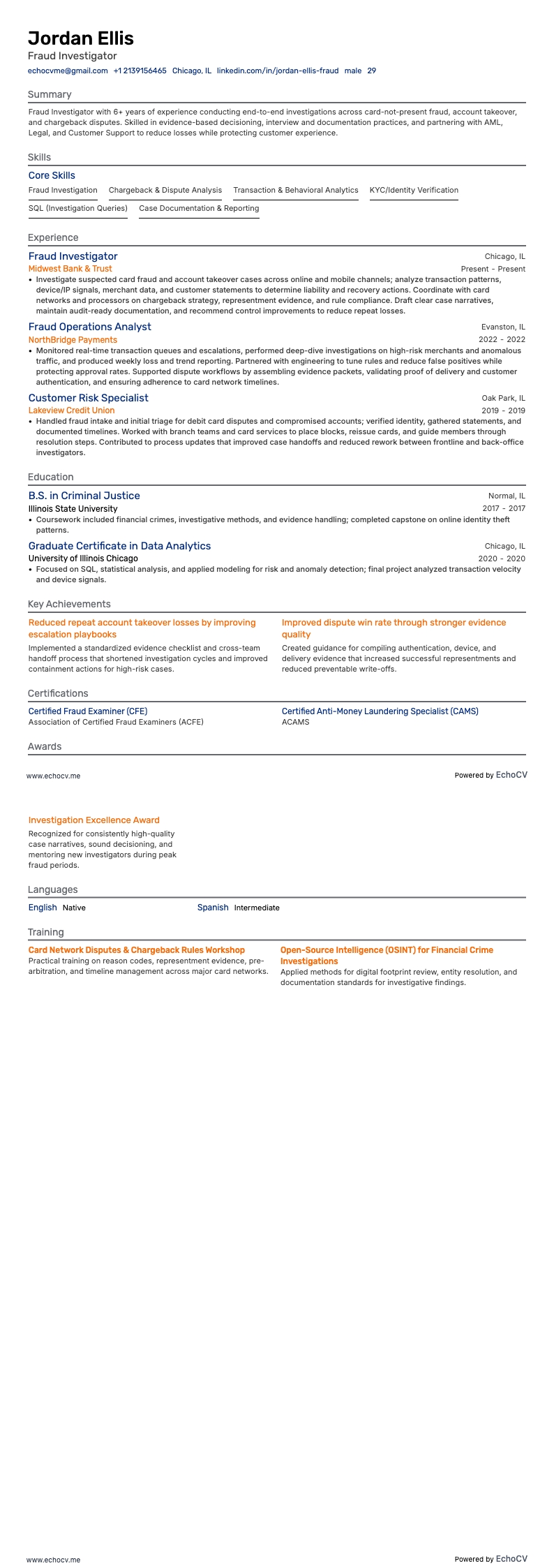 Fraudeonderzoeker resume example