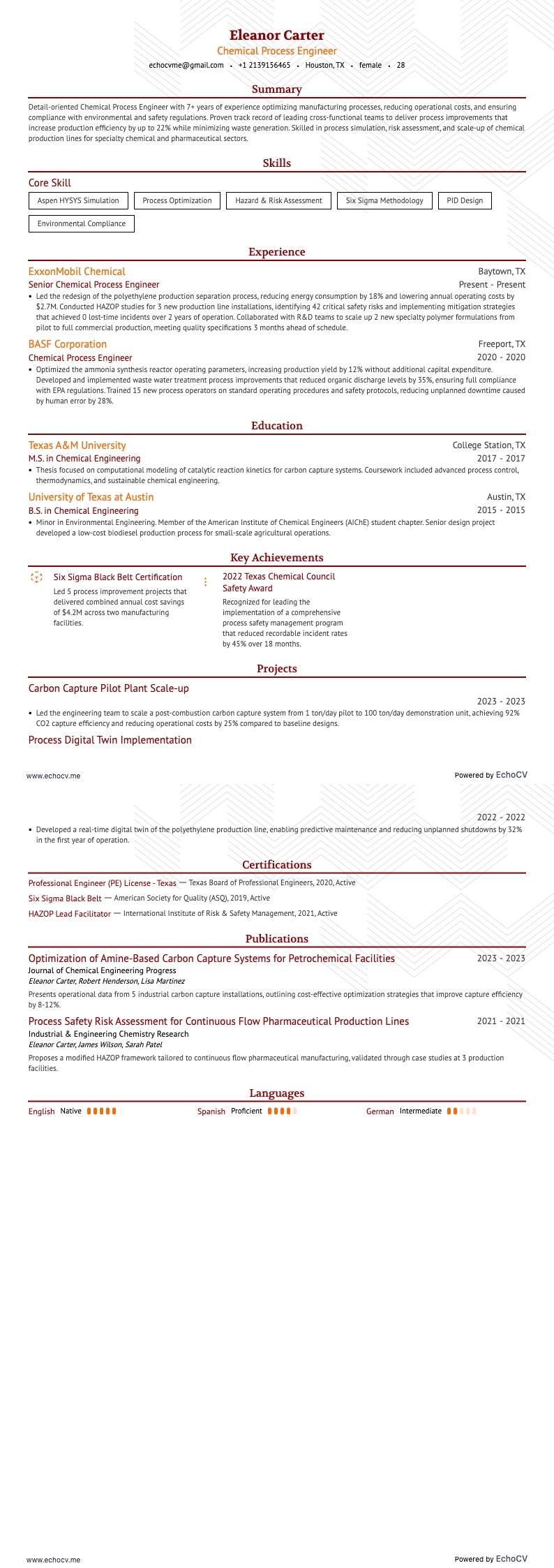 Chemical Process Engineer example resume