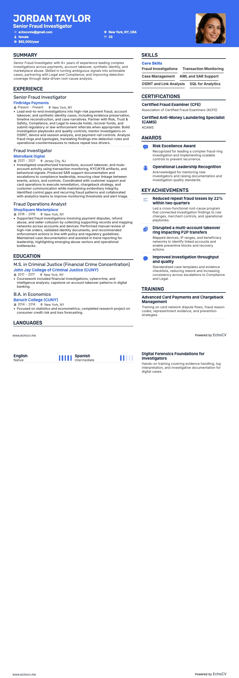 欺诈调查员 resume example