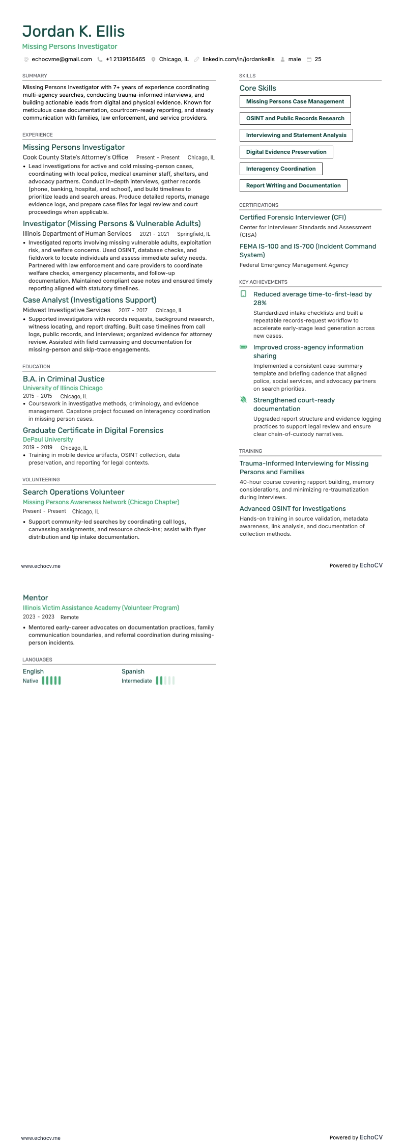 調査官 resume example