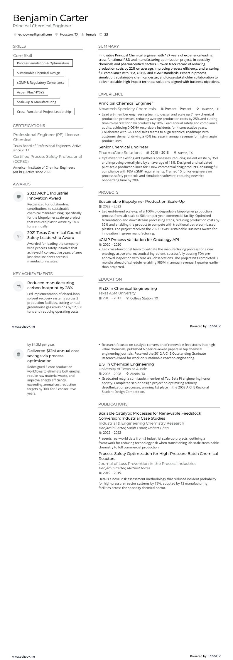 Principal Chemical Engineer example resume